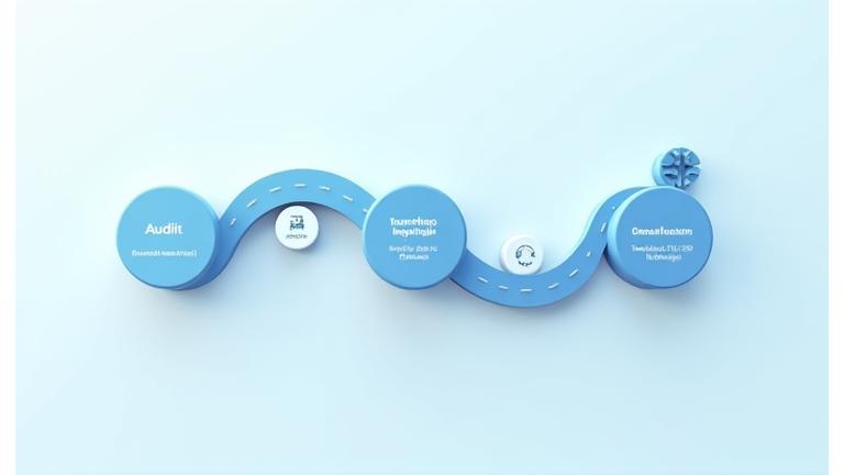 Illustration visuelle et moderne d'une timeline interactive représentant les quatre phases de la méthodologie de conseil stratégique de L'Heure Bleue, avec des icônes pour chaque étape : audit, co-construction, feuille de route, pilotage.